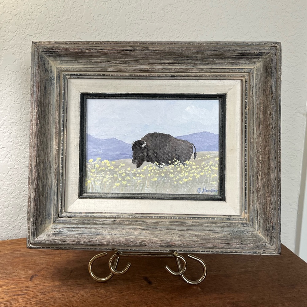 Original acrylic painting in a vintage frame of buffalo, “Day Dreamer”